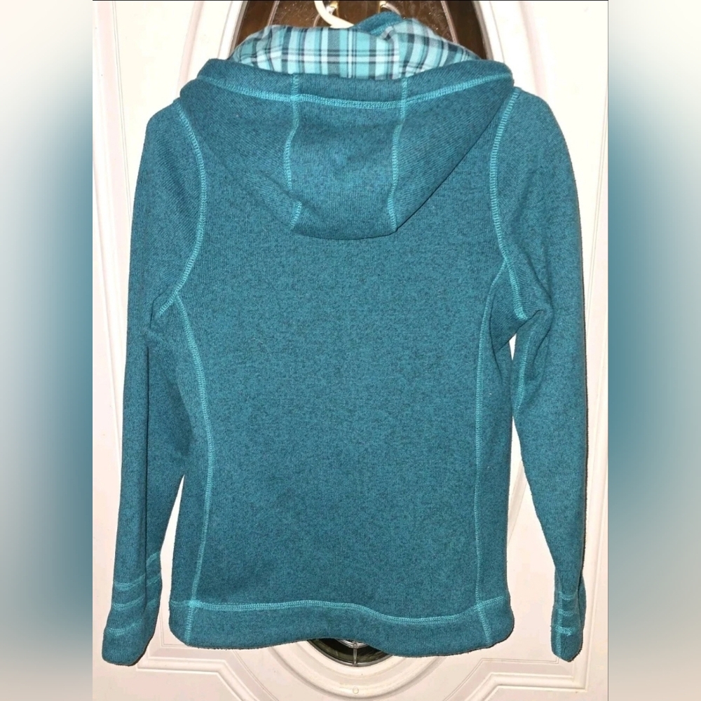 The North Face Women’s Sm Sweater Knit Fleece Sweatshirt Hood 3 Snap Plaid Teal - Picture 4 of 12